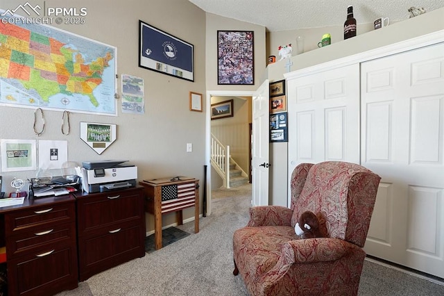 carpeted home office featuring lofted ceiling and a textured ceiling