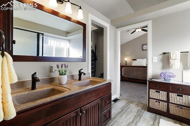 bathroom featuring lofted ceiling, vanity, radiator heating unit, hardwood / wood-style flooring, and ceiling fan