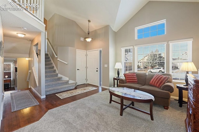 living room featuring high vaulted ceiling and dark hardwood / wood-style floors