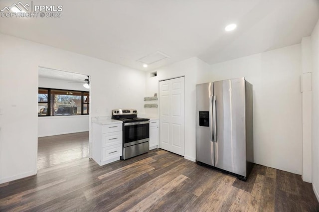 kitchen with white cabinetry, stainless steel appliances, and dark hardwood / wood-style flooring