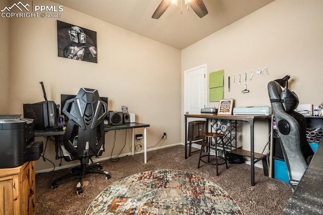 office with ceiling fan, carpet, and lofted ceiling