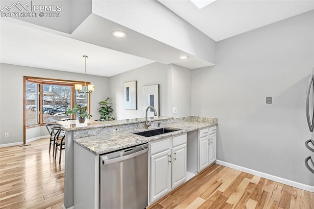 kitchen with sink, light stone countertops, kitchen peninsula, and dishwasher