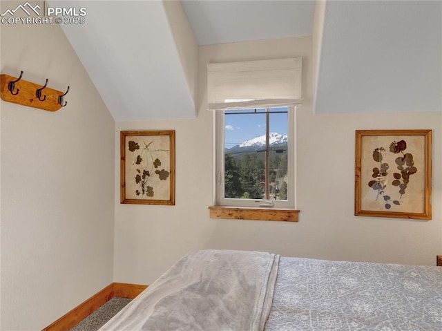 bedroom with vaulted ceiling, carpet floors, and baseboards