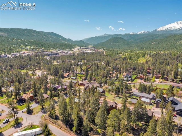 aerial view featuring a forest view and a mountain view