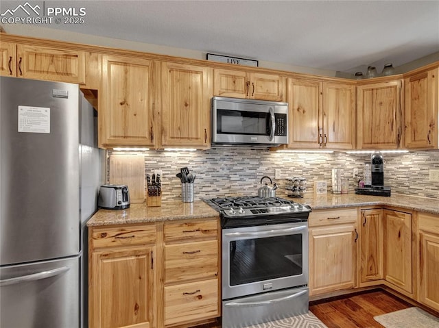 kitchen featuring stainless steel appliances, light stone counters, backsplash, and dark wood finished floors