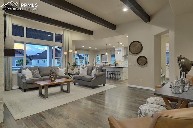 living room with hardwood / wood-style flooring and beamed ceiling