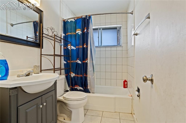 full bathroom featuring vanity, shower / tub combo, tile patterned floors, and toilet