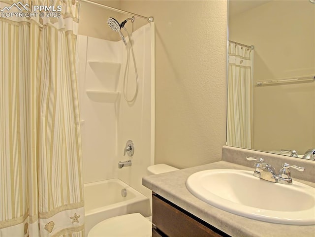 full bathroom featuring vanity, toilet, and shower / bathtub combination with curtain