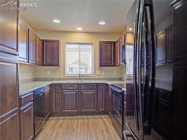 kitchen featuring sink, light wood-type flooring, and black appliances