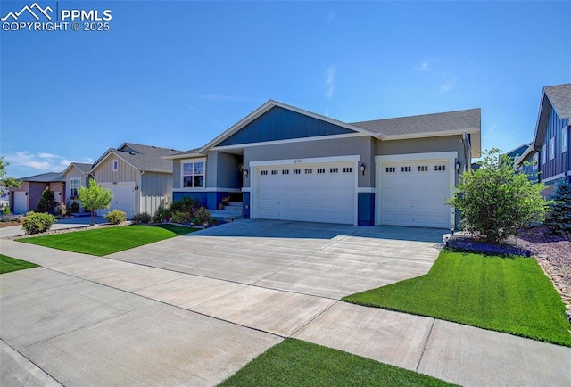 ranch-style house featuring a garage and a front yard