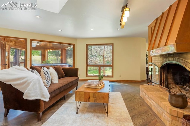 living room with wood-type flooring, a fireplace, a skylight, and a wealth of natural light