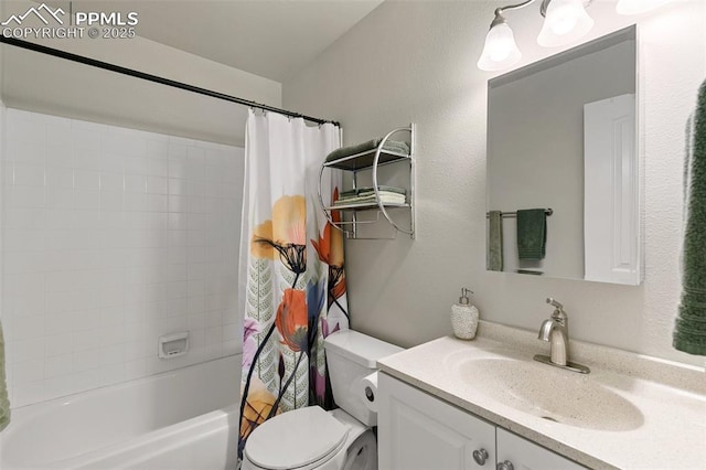 full bathroom featuring vanity, shower / bath combination with curtain, and toilet