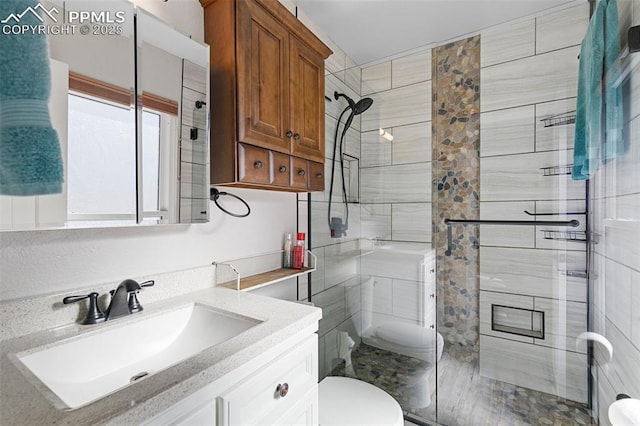 bathroom featuring vanity, toilet, and an enclosed shower