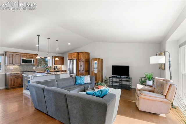 living room with vaulted ceiling and light hardwood / wood-style floors