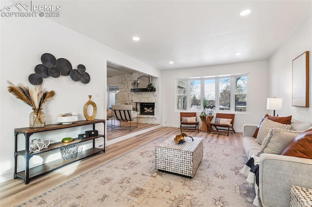 living room with hardwood / wood-style flooring and a stone fireplace