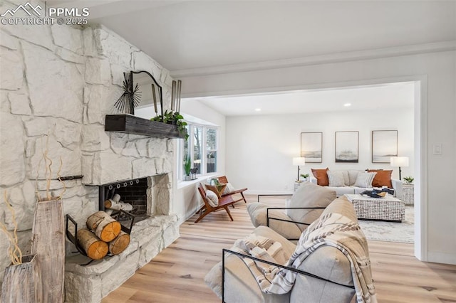 living room featuring a fireplace and light hardwood / wood-style flooring