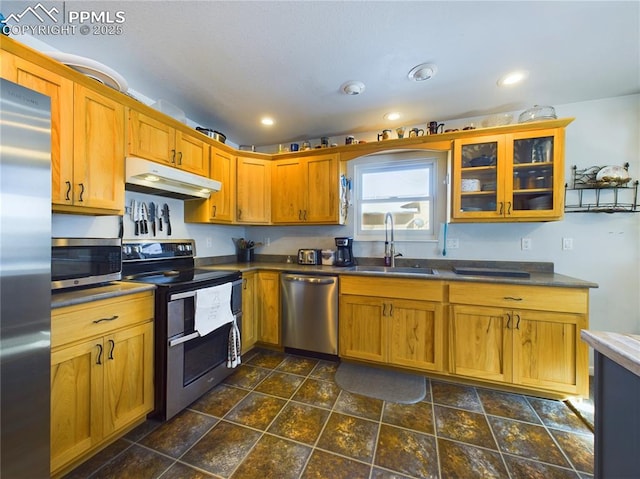 kitchen with dark countertops, appliances with stainless steel finishes, glass insert cabinets, a sink, and under cabinet range hood