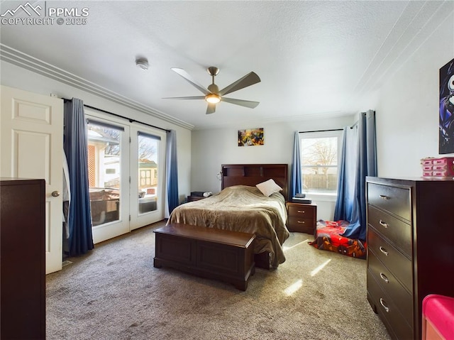 bedroom with ceiling fan, crown molding, light colored carpet, and access to exterior