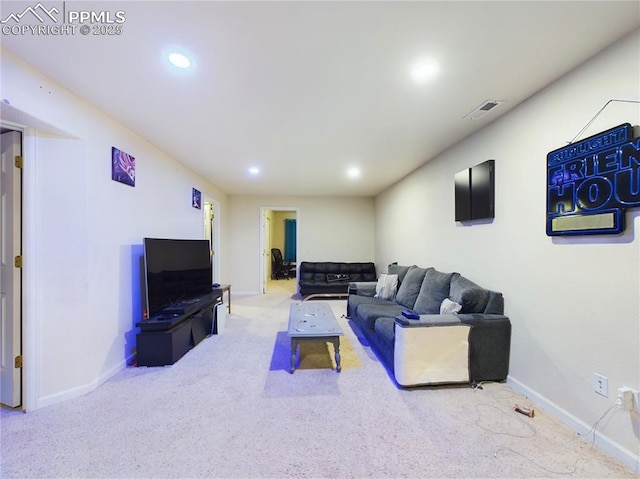 living room featuring recessed lighting, carpet, visible vents, and baseboards