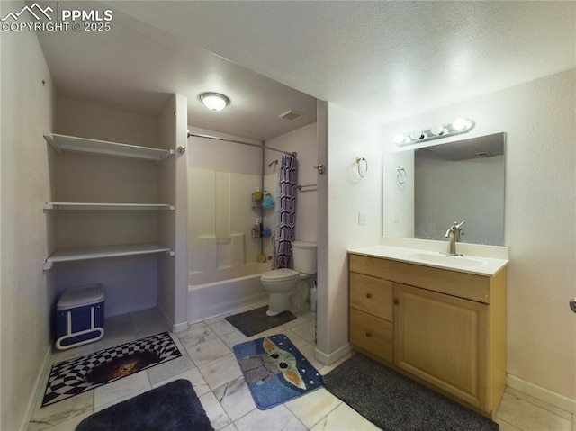 bathroom with toilet, visible vents, vanity, baseboards, and shower / bath combination with curtain