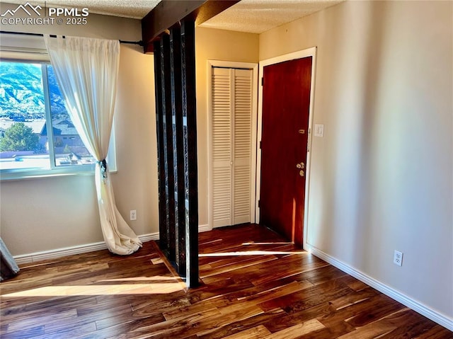 entryway featuring wood-type flooring and a textured ceiling