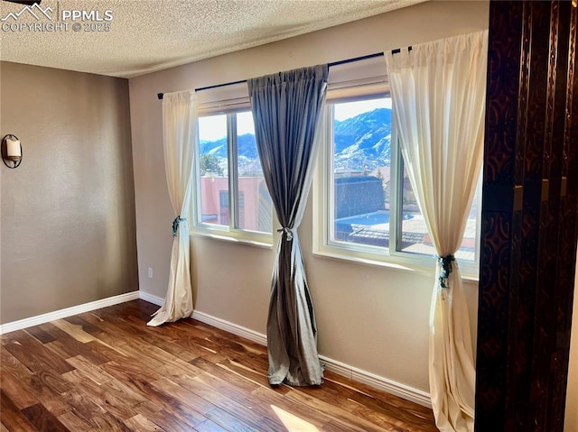 empty room with wood-type flooring, a mountain view, and a textured ceiling