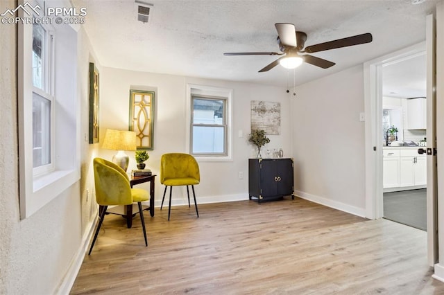 living area featuring ceiling fan, light hardwood / wood-style flooring, and a textured ceiling