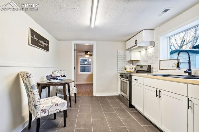 kitchen with tasteful backsplash, white cabinetry, sink, stainless steel gas range, and a textured ceiling