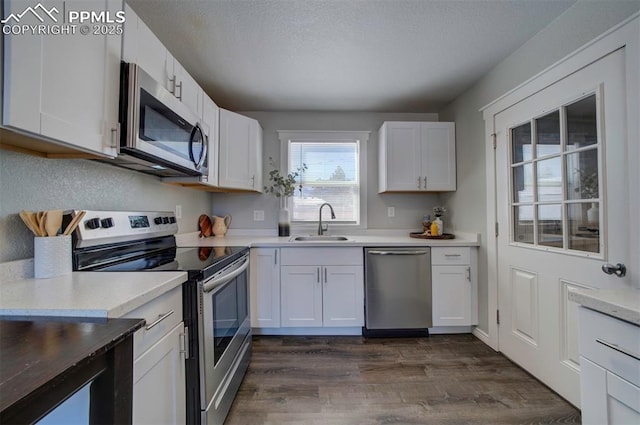 kitchen with white cabinetry, stainless steel appliances, dark wood-type flooring, and sink