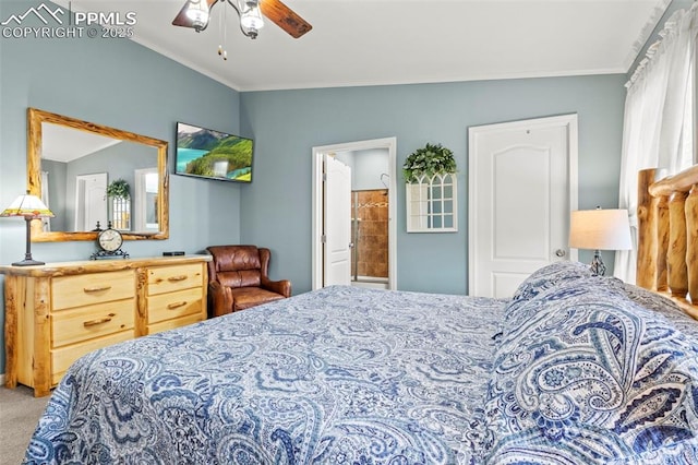 carpeted bedroom featuring connected bathroom, crown molding, vaulted ceiling, and ceiling fan