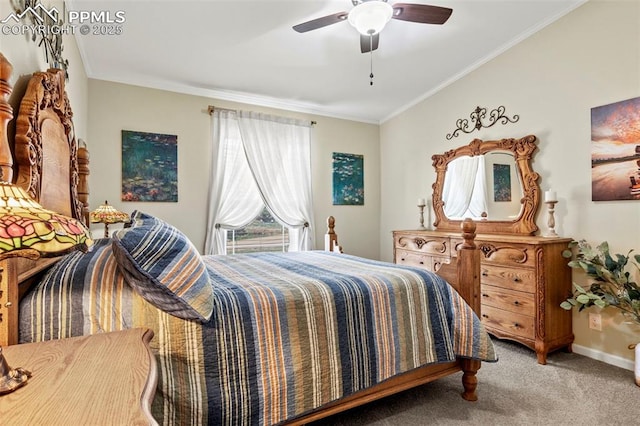 bedroom with ornamental molding, carpet floors, and ceiling fan