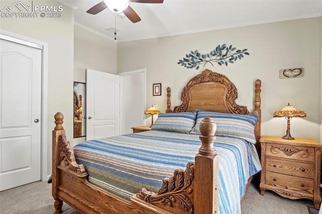 bedroom with ceiling fan, light colored carpet, and ornamental molding