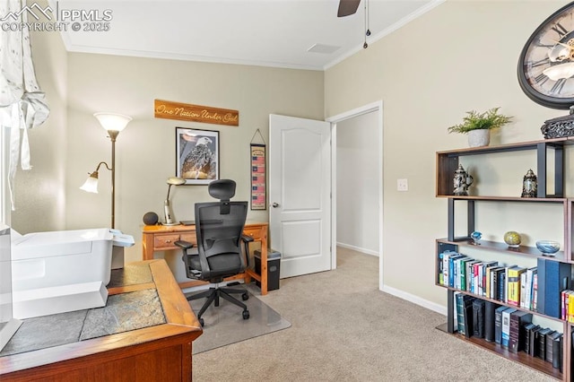 office with ornamental molding, light colored carpet, and ceiling fan