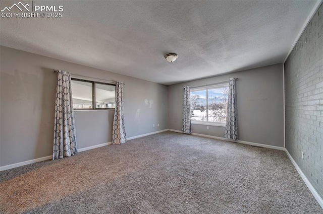 carpeted empty room featuring brick wall and a textured ceiling