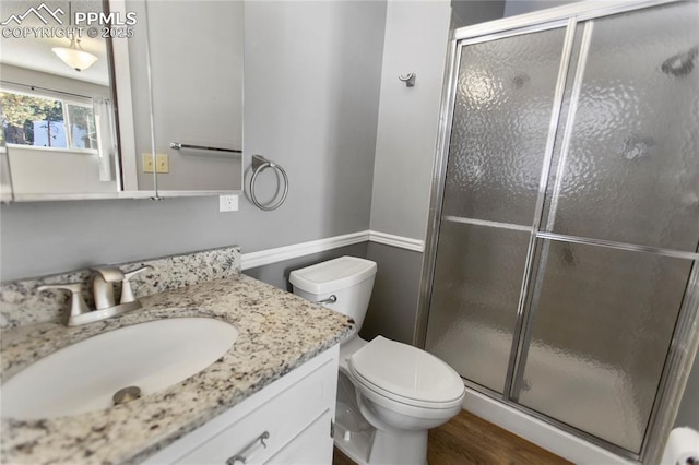 bathroom with vanity, wood-type flooring, a shower with shower door, and toilet