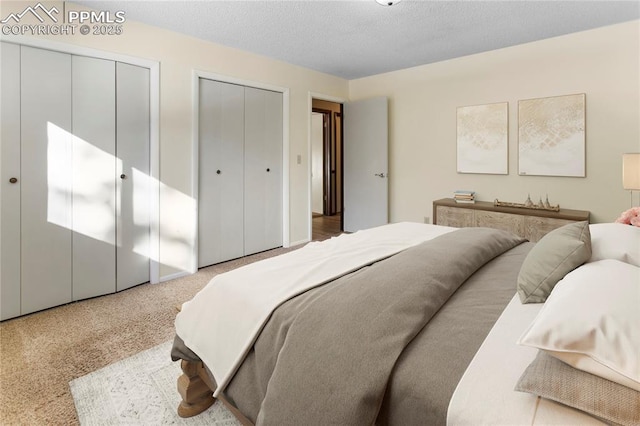 bedroom with multiple closets and carpet