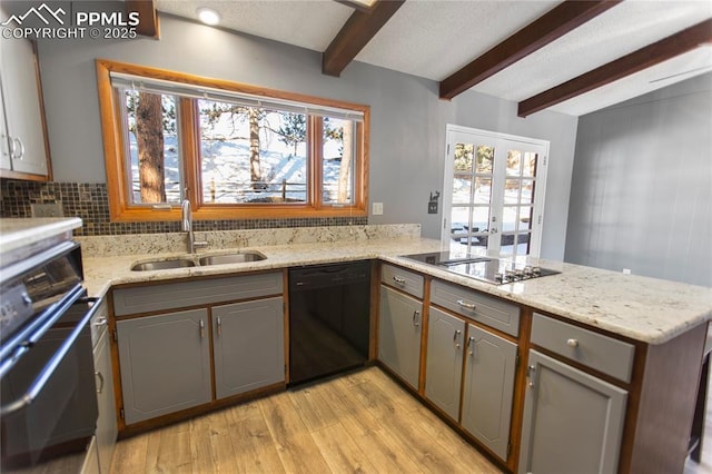 kitchen featuring sink, gray cabinets, black appliances, and kitchen peninsula