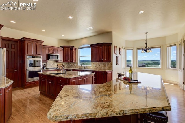 kitchen featuring appliances with stainless steel finishes, tasteful backsplash, an island with sink, sink, and light hardwood / wood-style flooring