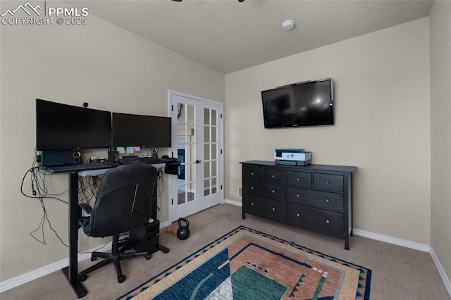 office featuring light colored carpet and french doors