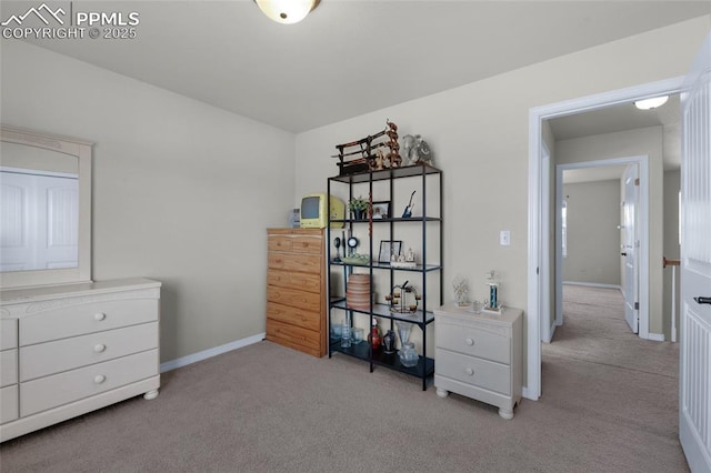 bedroom featuring light carpet