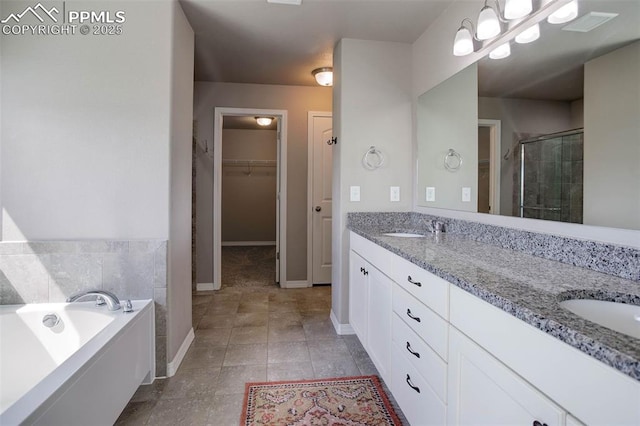 bathroom with a sink, a shower stall, double vanity, and a spacious closet