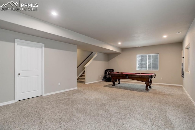 game room featuring carpet flooring, recessed lighting, pool table, and baseboards