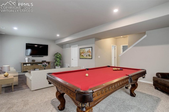 rec room featuring billiards, baseboards, carpet flooring, and recessed lighting