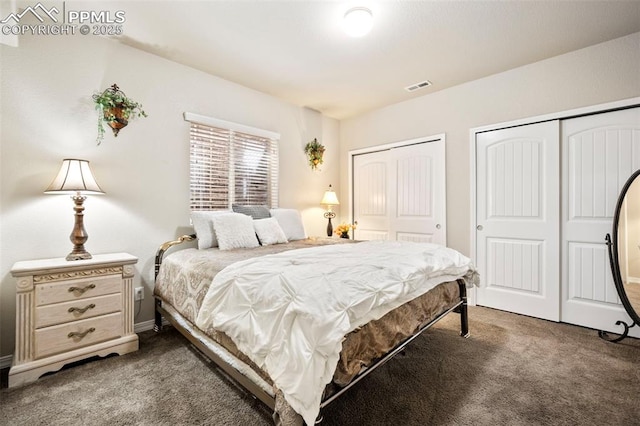 bedroom with multiple closets and dark colored carpet