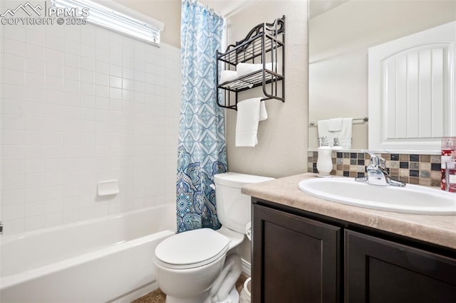 full bathroom with shower / bath combination with curtain, vanity, toilet, and backsplash