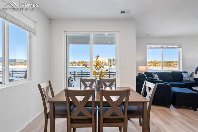 dining area featuring a water view, a healthy amount of sunlight, and light hardwood / wood-style flooring