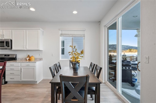 dining area featuring a mountain view and light hardwood / wood-style floors