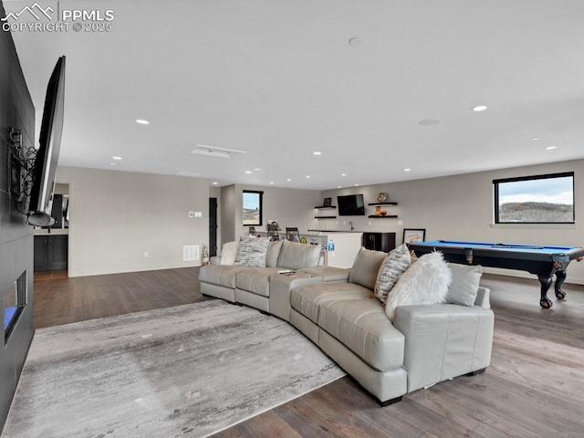 living area featuring pool table, wood finished floors, recessed lighting, and baseboards