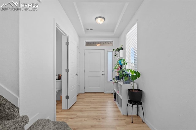 interior space featuring a raised ceiling and light wood-type flooring