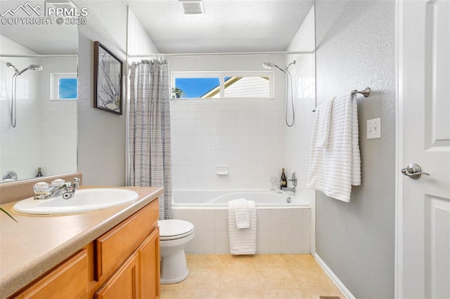 full bathroom with shower / bathtub combination with curtain, vanity, toilet, and tile patterned floors